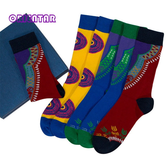 3 Pairs/pack Women Socks African Print Striped Lattice Design Colorful Soft Socks Leisure Skateboard Socks Funny Gift Multicolor